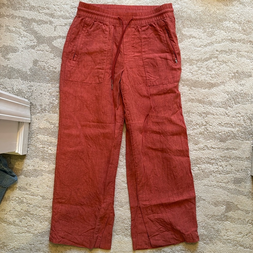Athleta retreat linen wide leg pants w slit at inner ankles size 8P